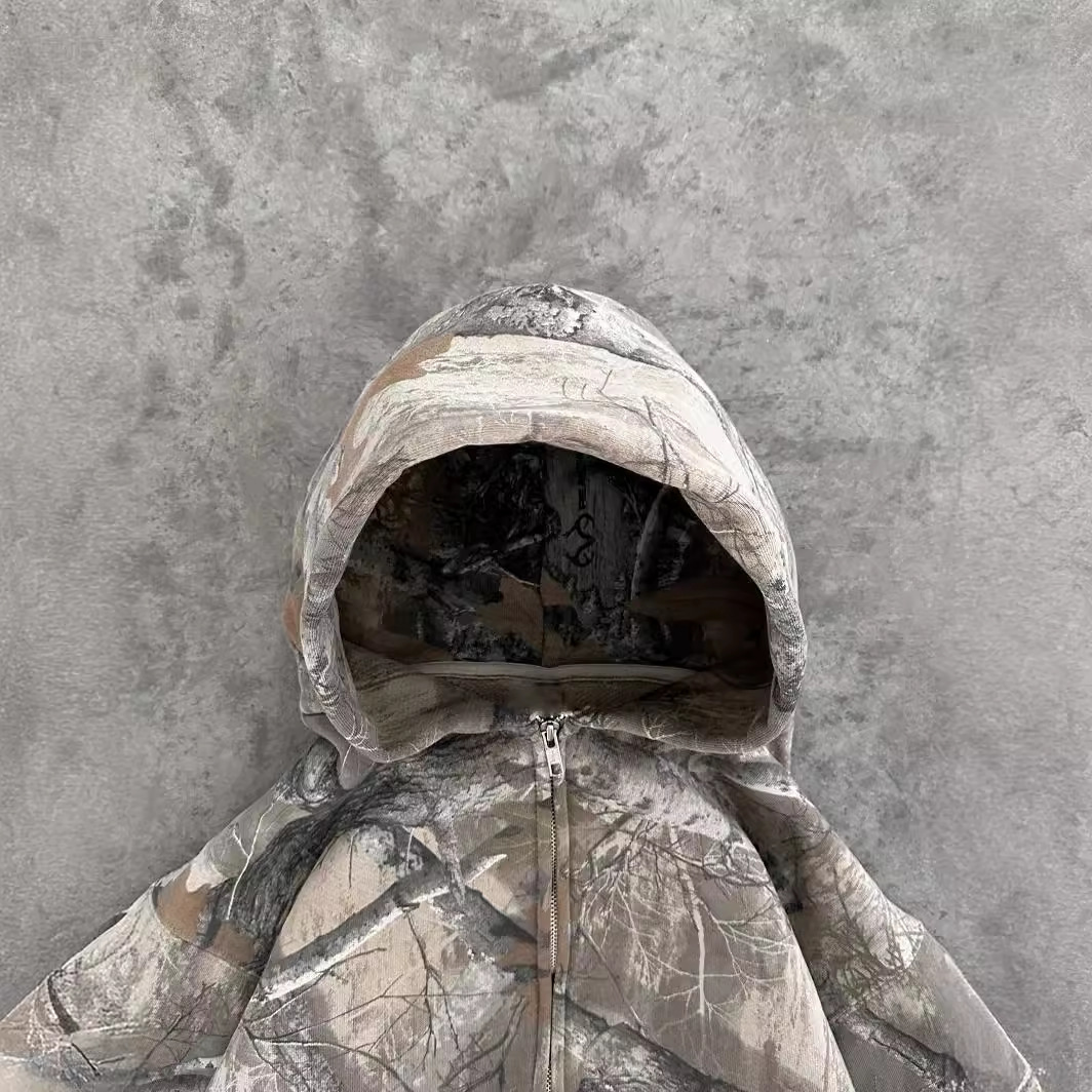Camo pullover hoodie side view, adjustable hood KLOSET