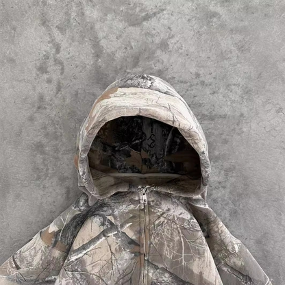 Camo pullover hoodie side view, adjustable hood KLOSET