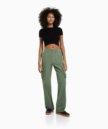 Women's adjustable cargo pants worn front view, streetwear KLOSET