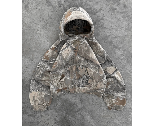 Camouflage pullover hoodie back view hood detail, KLOSET