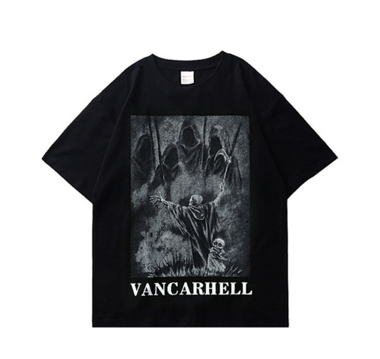 Skull print oversized tee black front view, 100% cotton KLOSET