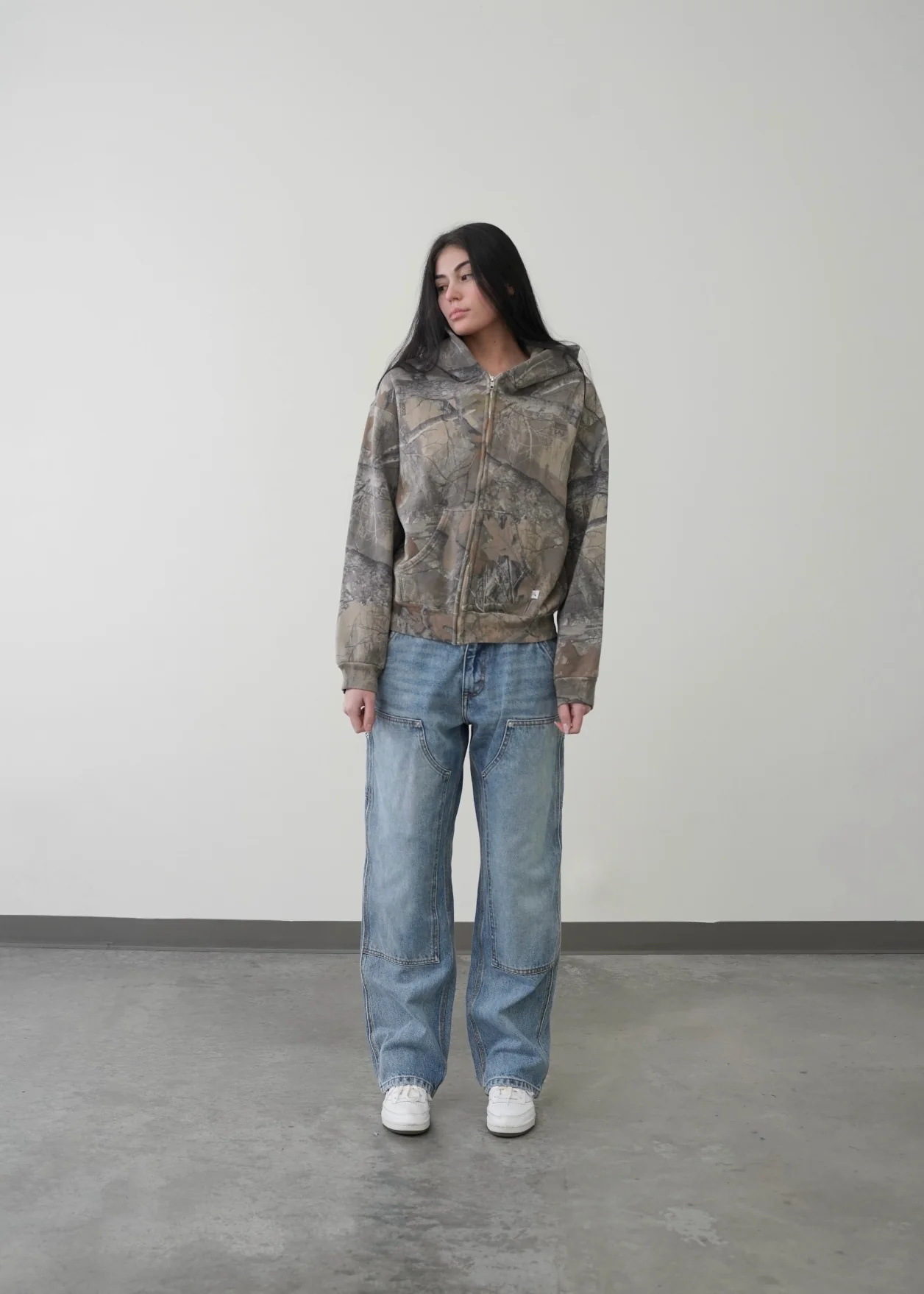 Retro camo hoodie worn full body, KLOSET streetwear style
