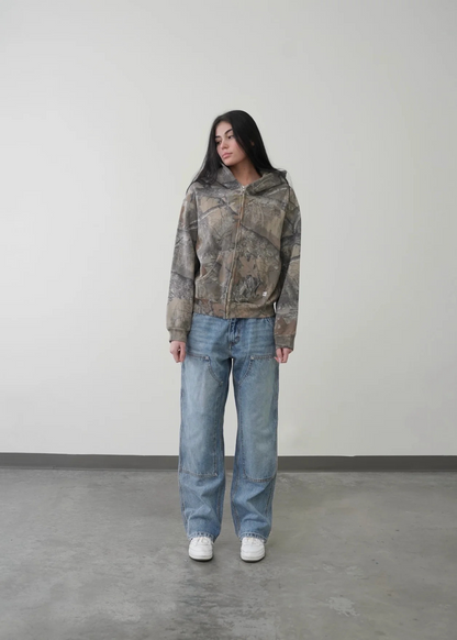 Retro camo hoodie worn full body, KLOSET streetwear style