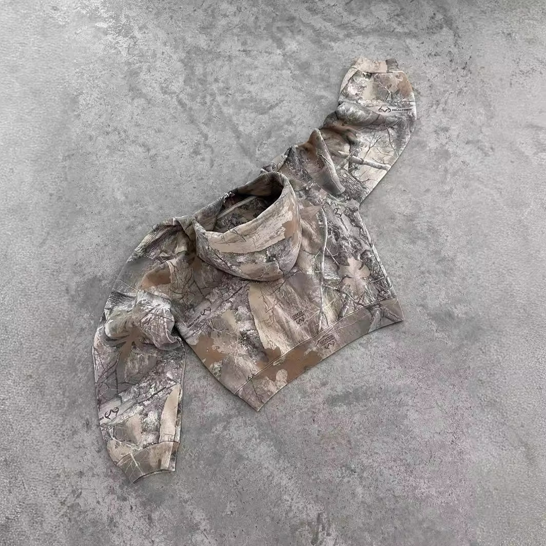 Retro camouflage zip hoodie front view, streetwear KLOSET