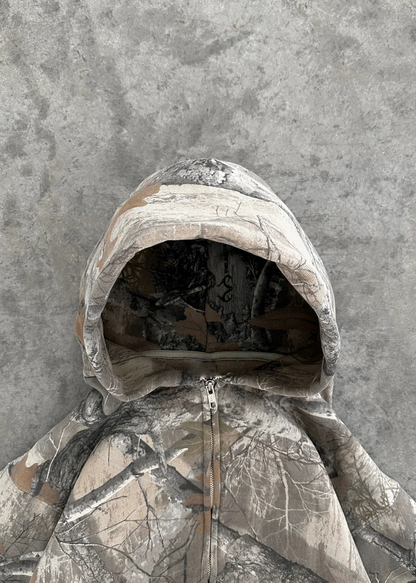 Oversized camouflage hoodie back view, KLOSET hip-hop style