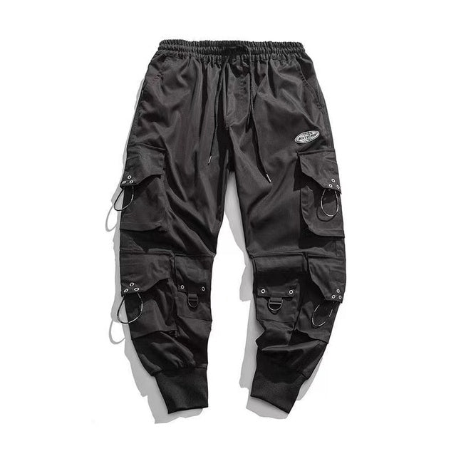 Black oversized cargo pants with multiple pockets, durable streetwear